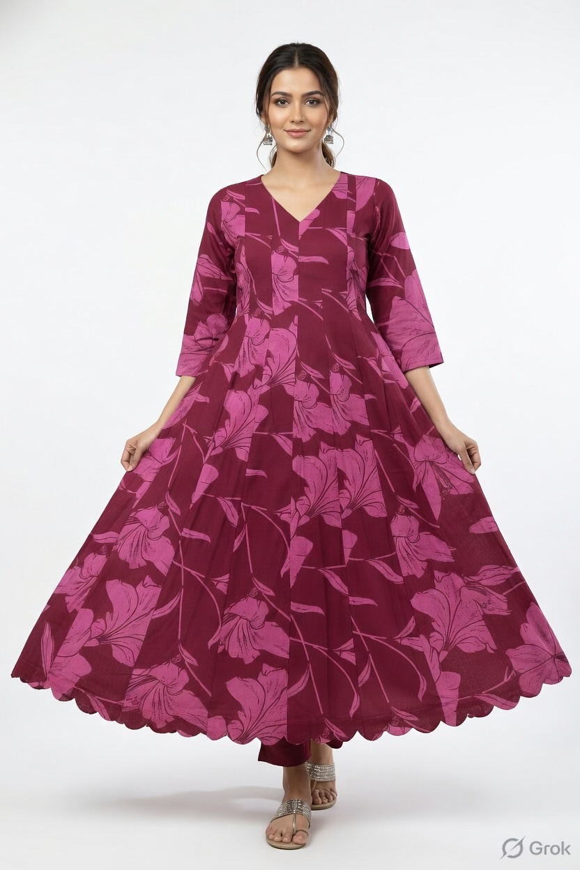 TUWIN BLATT WOMEN TRENDING UMBRELLA KURTHI SCALLOP SCALED DESIGN